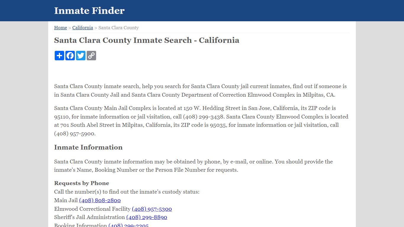 Santa Clara County Inmate Search - California
