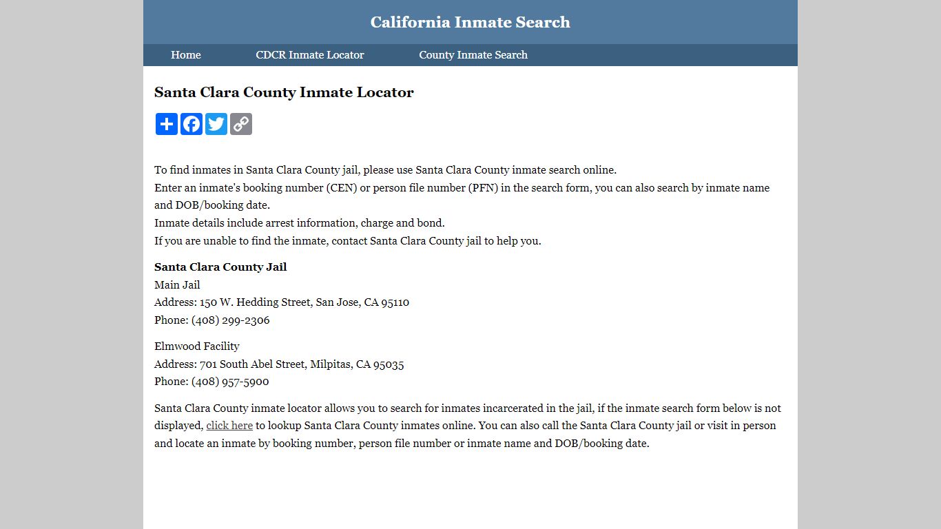 Santa Clara County Inmate Locator
